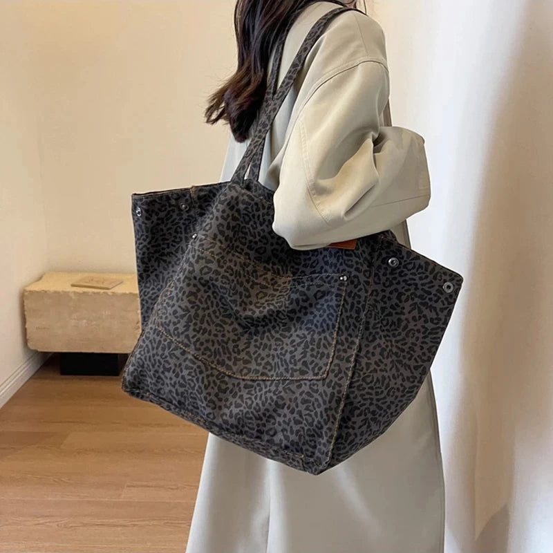 Leopard Pattern Tote Bag. Vintage Canvas Shoulder Bag.