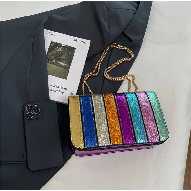 Rainbow Contrast Color Crossbody Shoulder Bag. Metal Chain Sling Bag