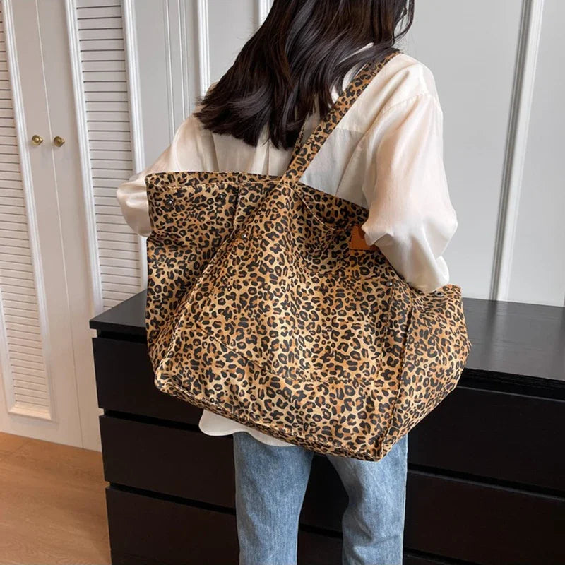 Leopard Pattern Tote Bag. Vintage Canvas Shoulder Bag.