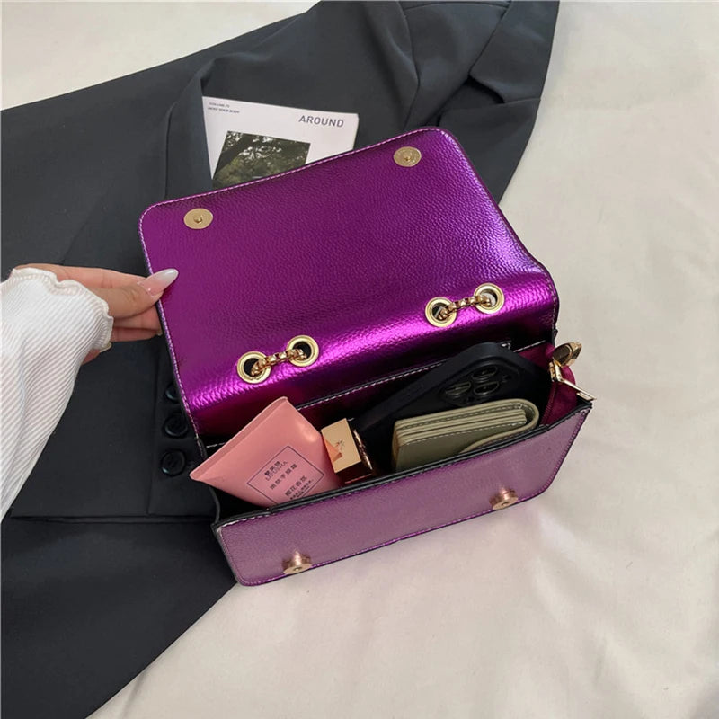 Rainbow Contrast Color Crossbody Shoulder Bag. Metal Chain Sling Bag