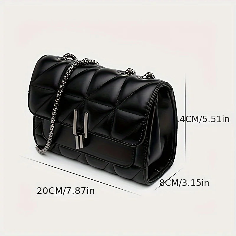 Elegant Black  Leather Shoulder Bag with Chain Strap - Light Luxury, Plaid Pattern with Turn-lock Closure