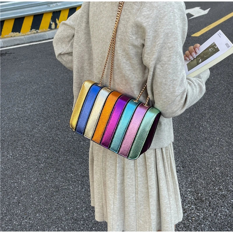 Rainbow Contrast Color Crossbody Shoulder Bag. Metal Chain Sling Bag