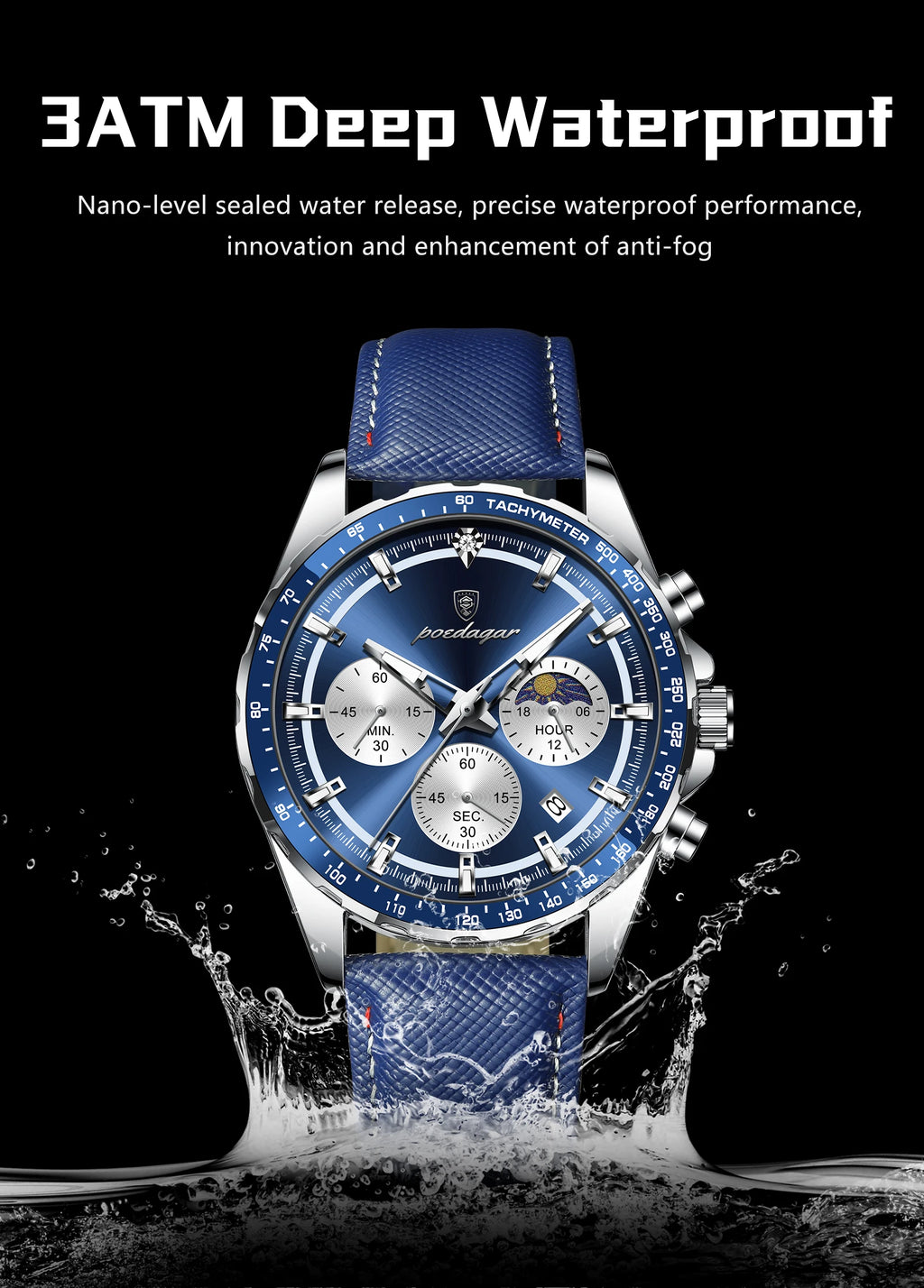 Luminous Waterproof Chronograph.Men's Leather Wristwatch