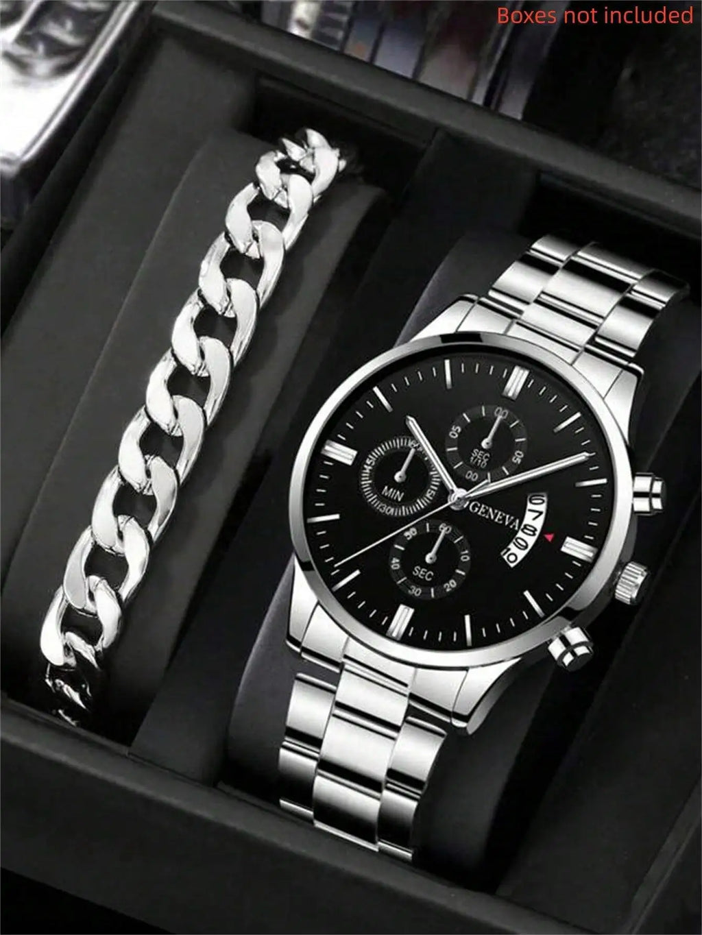 2pcs Luxury Men's Watch Stainless Steel
