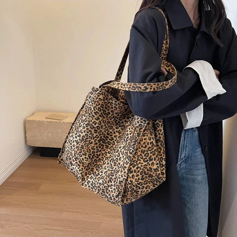 Leopard Pattern Tote Bag. Vintage Canvas Shoulder Bag.