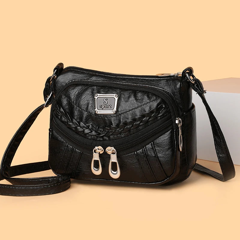 Fashion trend four-season soft leather multi-compartment crossbody handbag