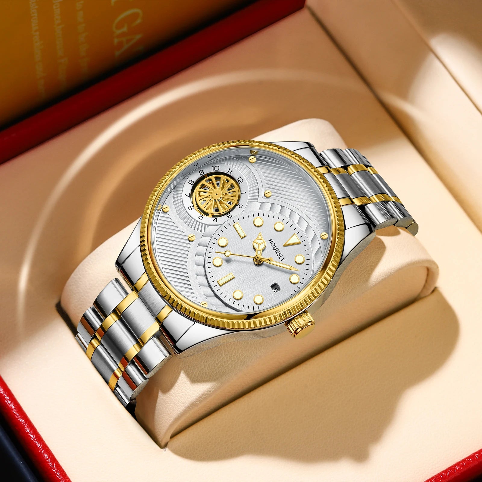 Fashionable  men's watch. Simple circular dial with rotating turntable luminous calendar stainless steel