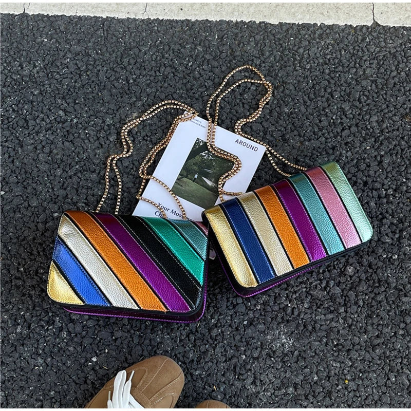 Rainbow Contrast Color Crossbody Shoulder Bag. Metal Chain Sling Bag