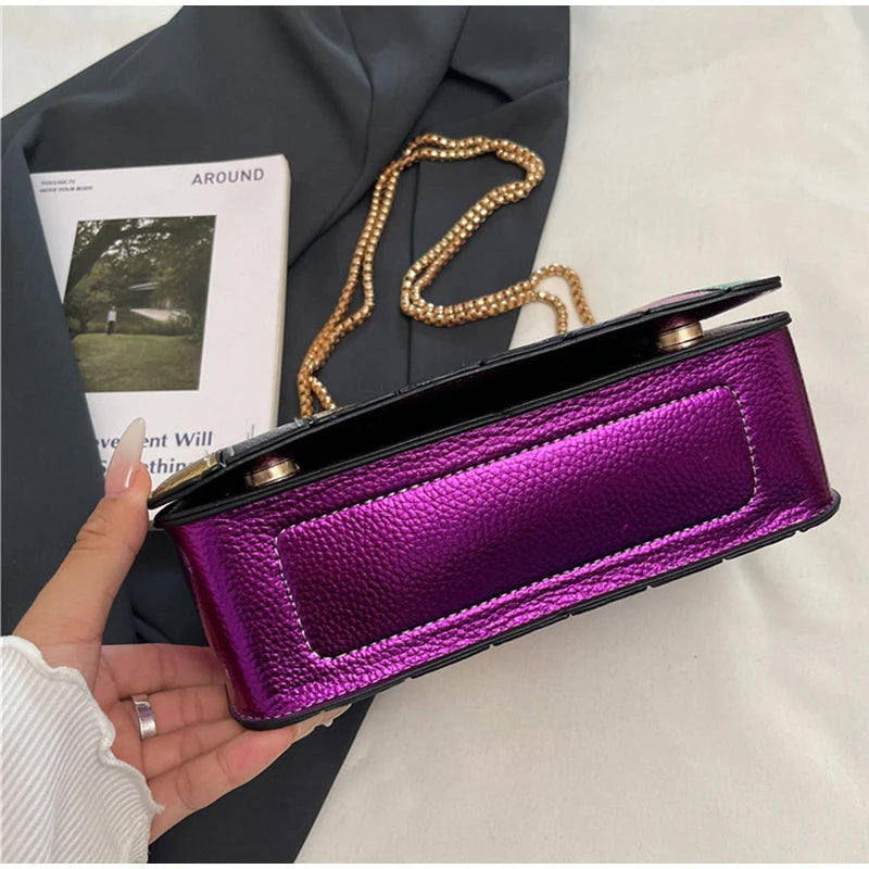 Rainbow Contrast Color Crossbody Shoulder Bag. Metal Chain Sling Bag