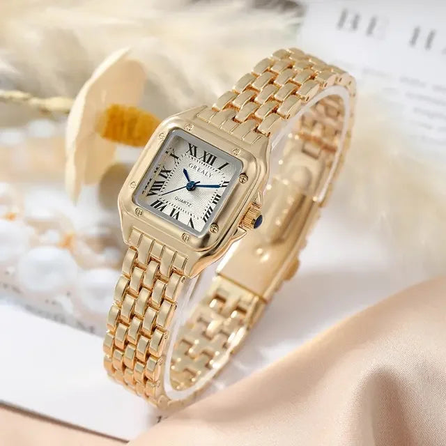 Women's Fashion Square Watch. Gold Alloy Strap Luxury Ladies Quartz Wristwatch