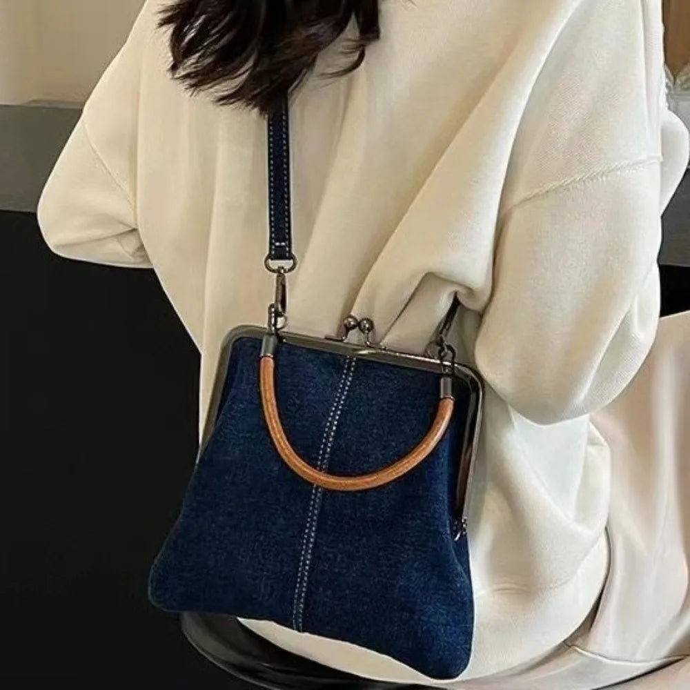 Vintage Style  Handbag Versatile Navy Blue.Fashionable Lady‘s Denim  Bag