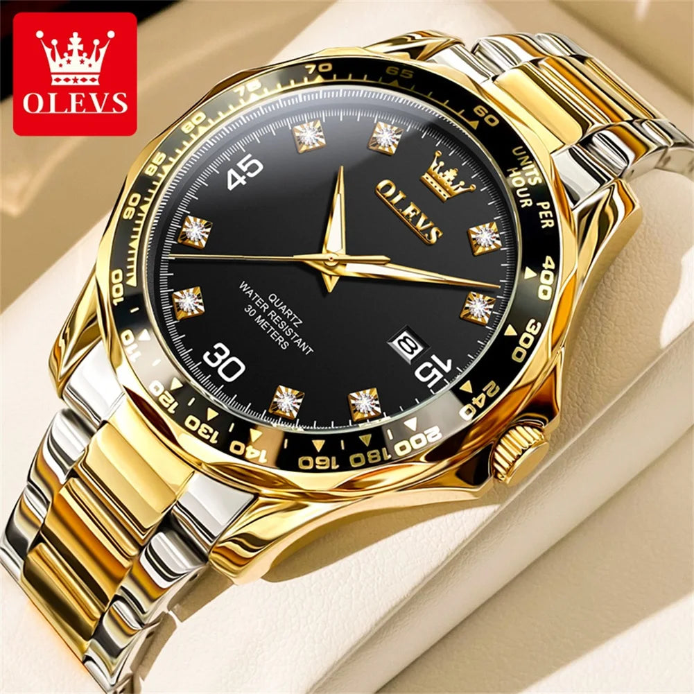 Golden Green Quartz Watch for Men.Waterproof Stainless steel  Watch