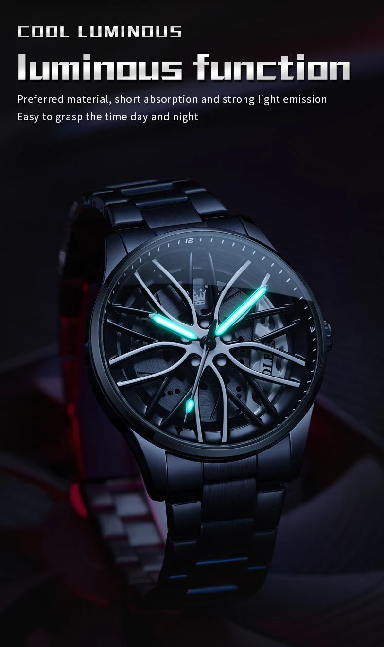 Quartz Watch for Men 360° Rotary Dial Sport Car Rim Wheel Hub Waterproof