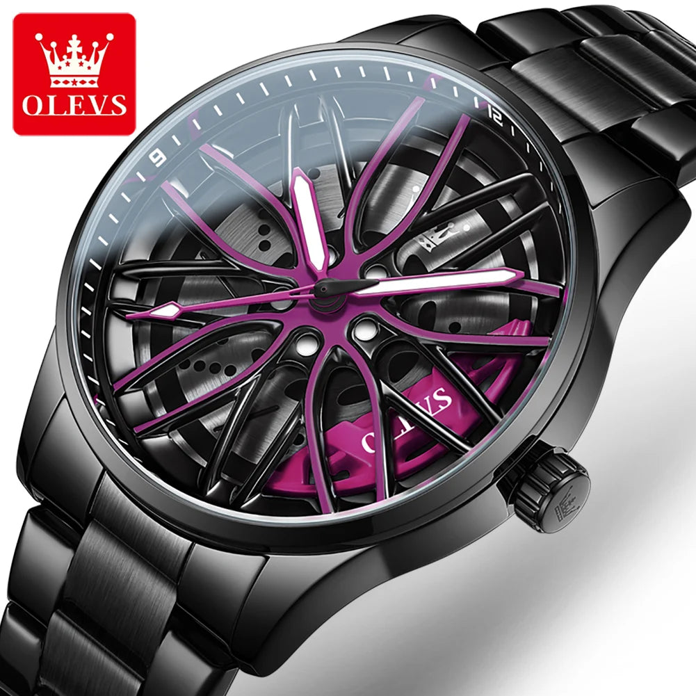 Quartz Watch for Men 360° Rotary Dial Sport Car Rim Wheel Hub Waterproof