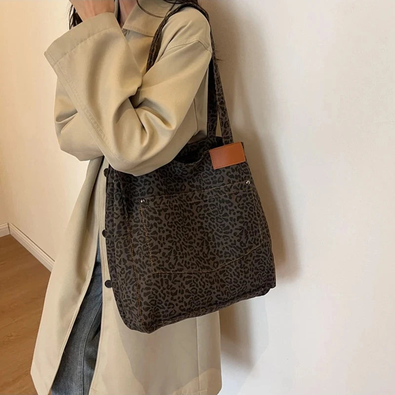 Leopard Pattern Tote Bag. Vintage Canvas Shoulder Bag.