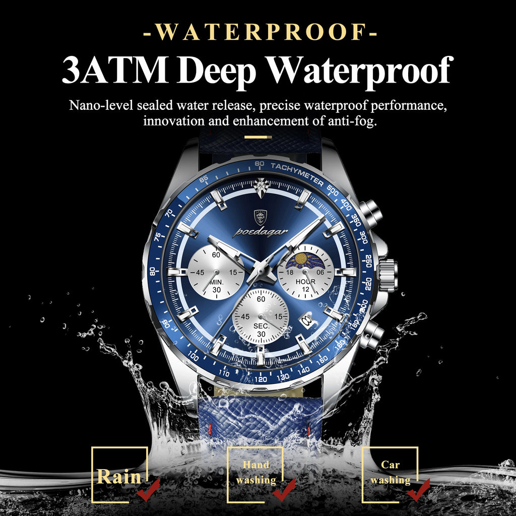 Luminous Waterproof Chronograph.Men's Leather Wristwatch