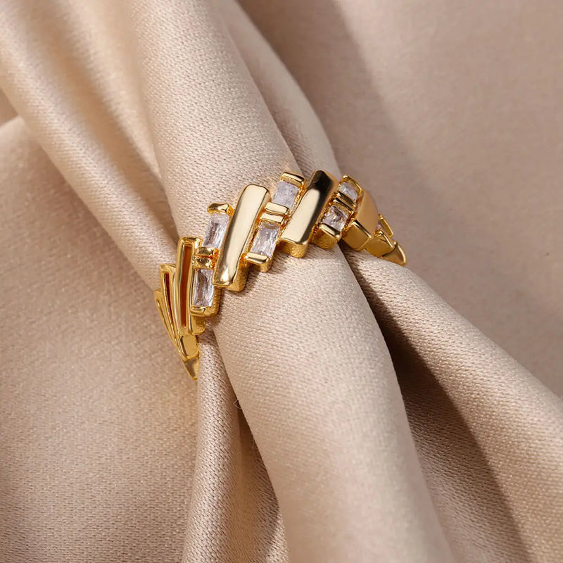 Gold Geometric Bar Ring with Zircon Accents