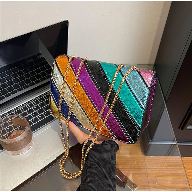 Rainbow Contrast Color Crossbody Shoulder Bag. Metal Chain Sling Bag