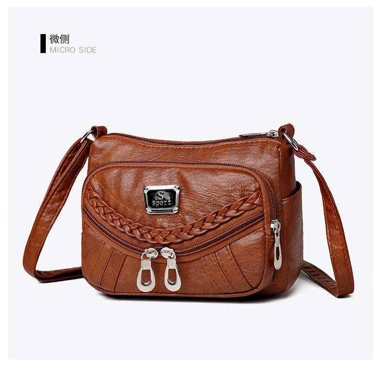 Fashion trend four-season soft leather multi-compartment crossbody handbag