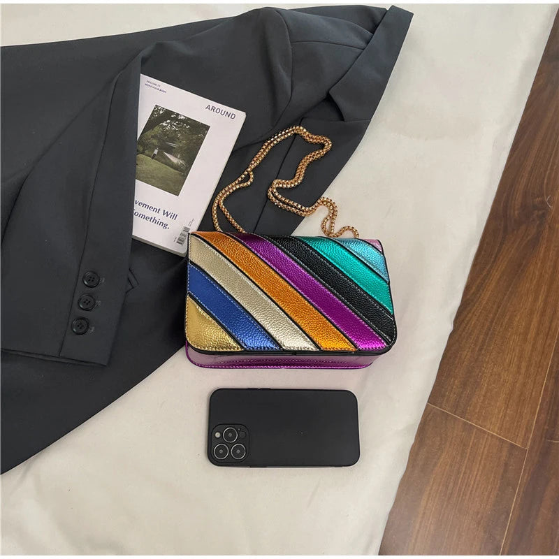 Rainbow Contrast Color Crossbody Shoulder Bag. Metal Chain Sling Bag