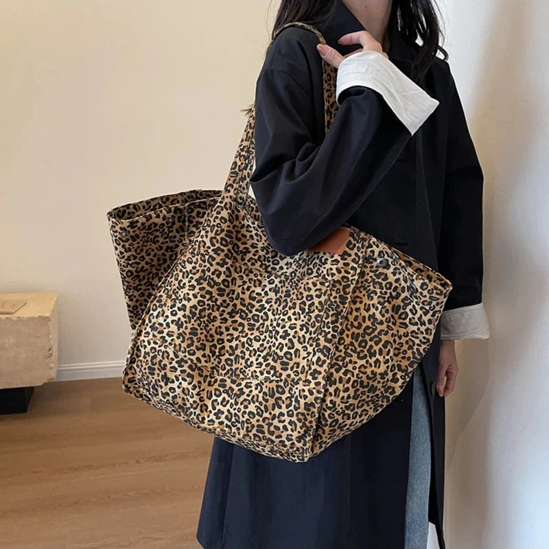 Leopard Pattern Tote Bag. Vintage Canvas Shoulder Bag.