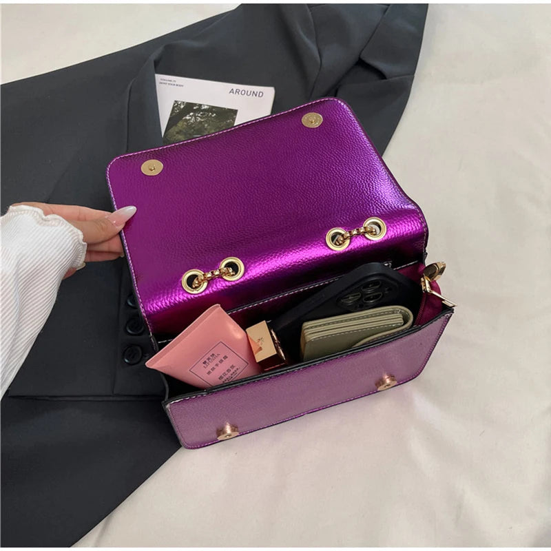 Rainbow Contrast Color Crossbody Shoulder Bag. Metal Chain Sling Bag