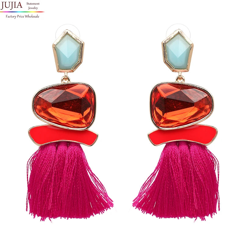 Colorblock Stone & Tassel Earrings