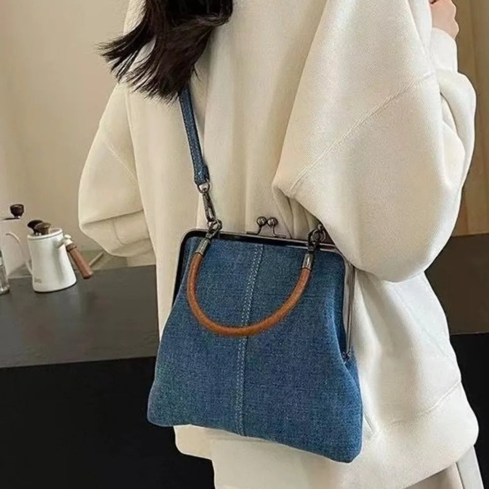 Vintage Style  Handbag Versatile Navy Blue.Fashionable Lady‘s Denim  Bag