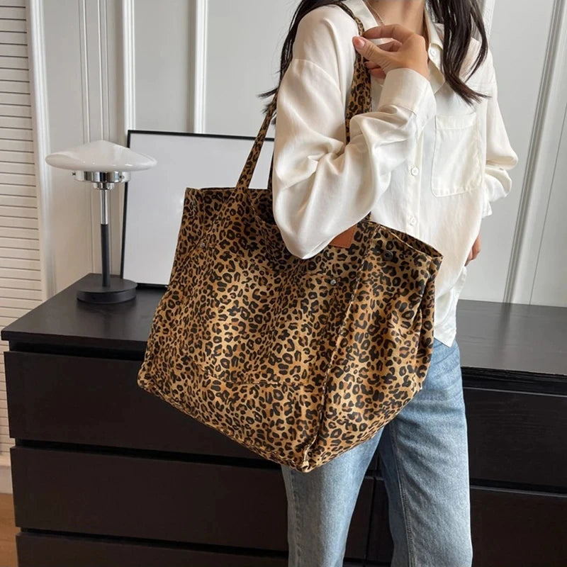 Leopard Pattern Tote Bag. Vintage Canvas Shoulder Bag.