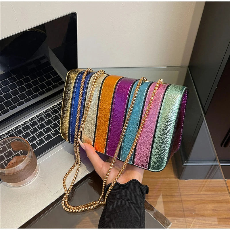 Rainbow Contrast Color Crossbody Shoulder Bag. Metal Chain Sling Bag