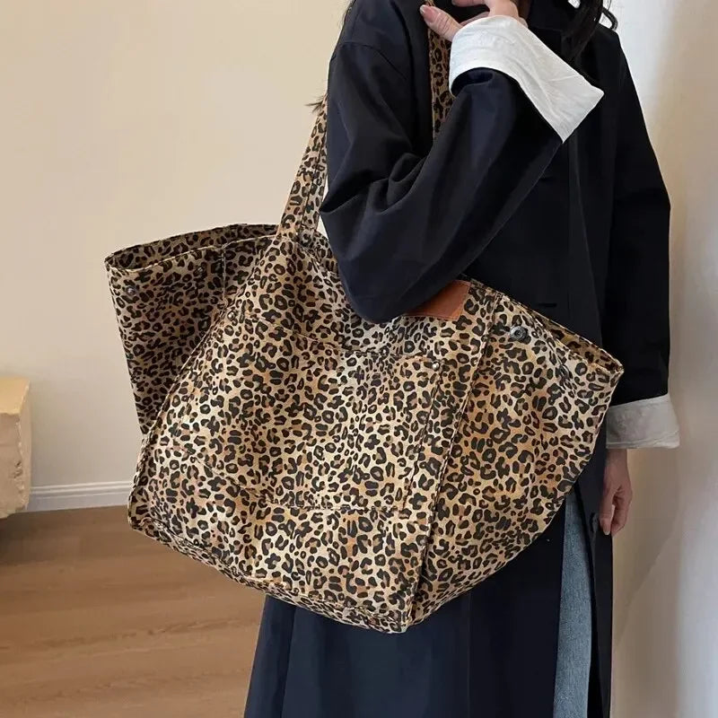 Leopard Pattern Tote Bag. Vintage Canvas Shoulder Bag.