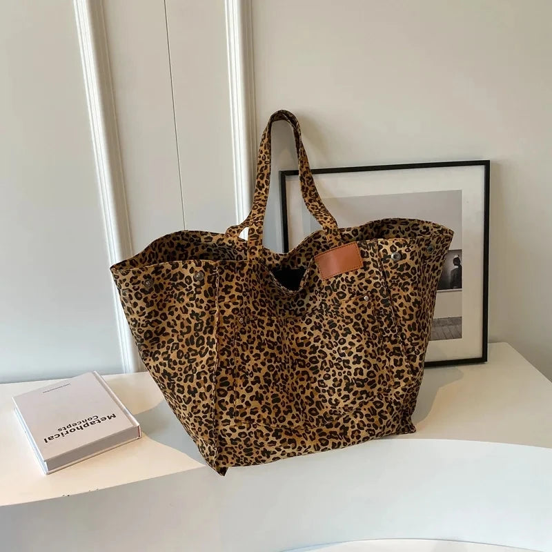 Leopard Pattern Tote Bag. Vintage Canvas Shoulder Bag.