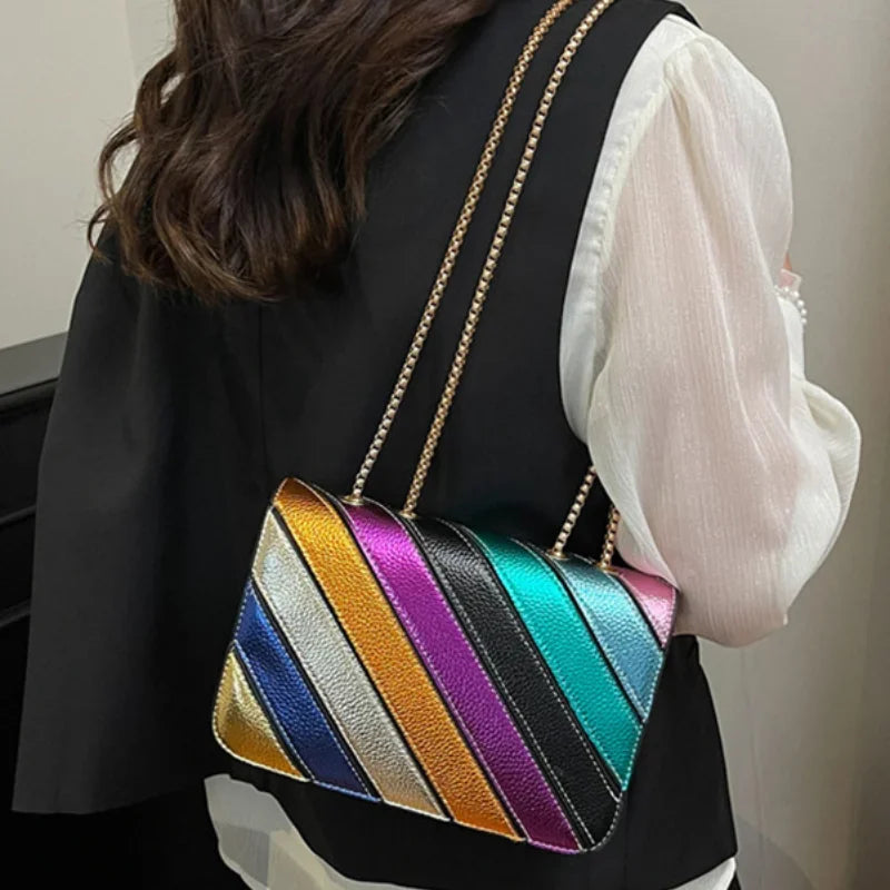 Rainbow Contrast Color Crossbody Shoulder Bag. Metal Chain Sling Bag