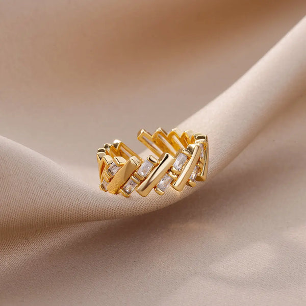 Gold Geometric Bar Ring with Zircon Accents