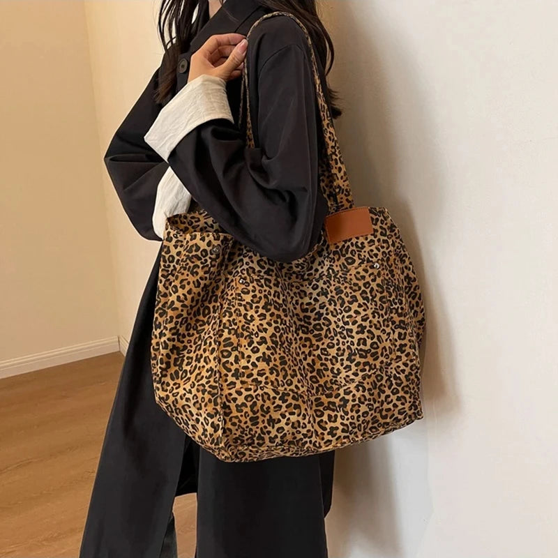 Leopard Pattern Tote Bag. Vintage Canvas Shoulder Bag.