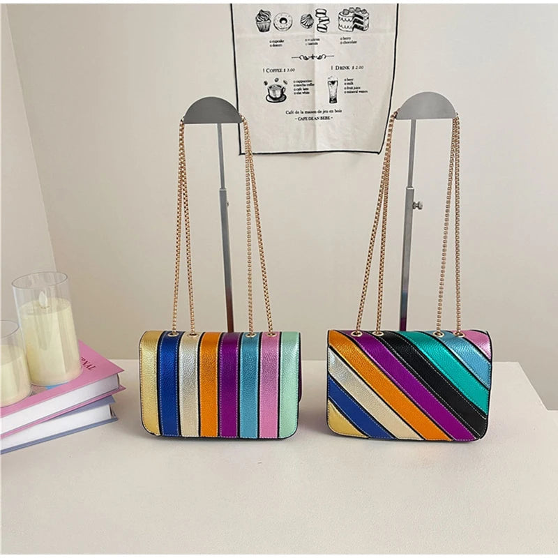 Rainbow Contrast Color Crossbody Shoulder Bag. Metal Chain Sling Bag