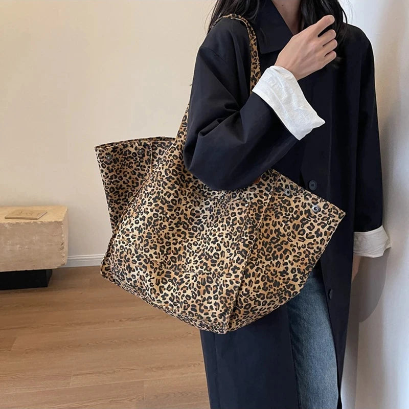 Leopard Pattern Tote Bag. Vintage Canvas Shoulder Bag.