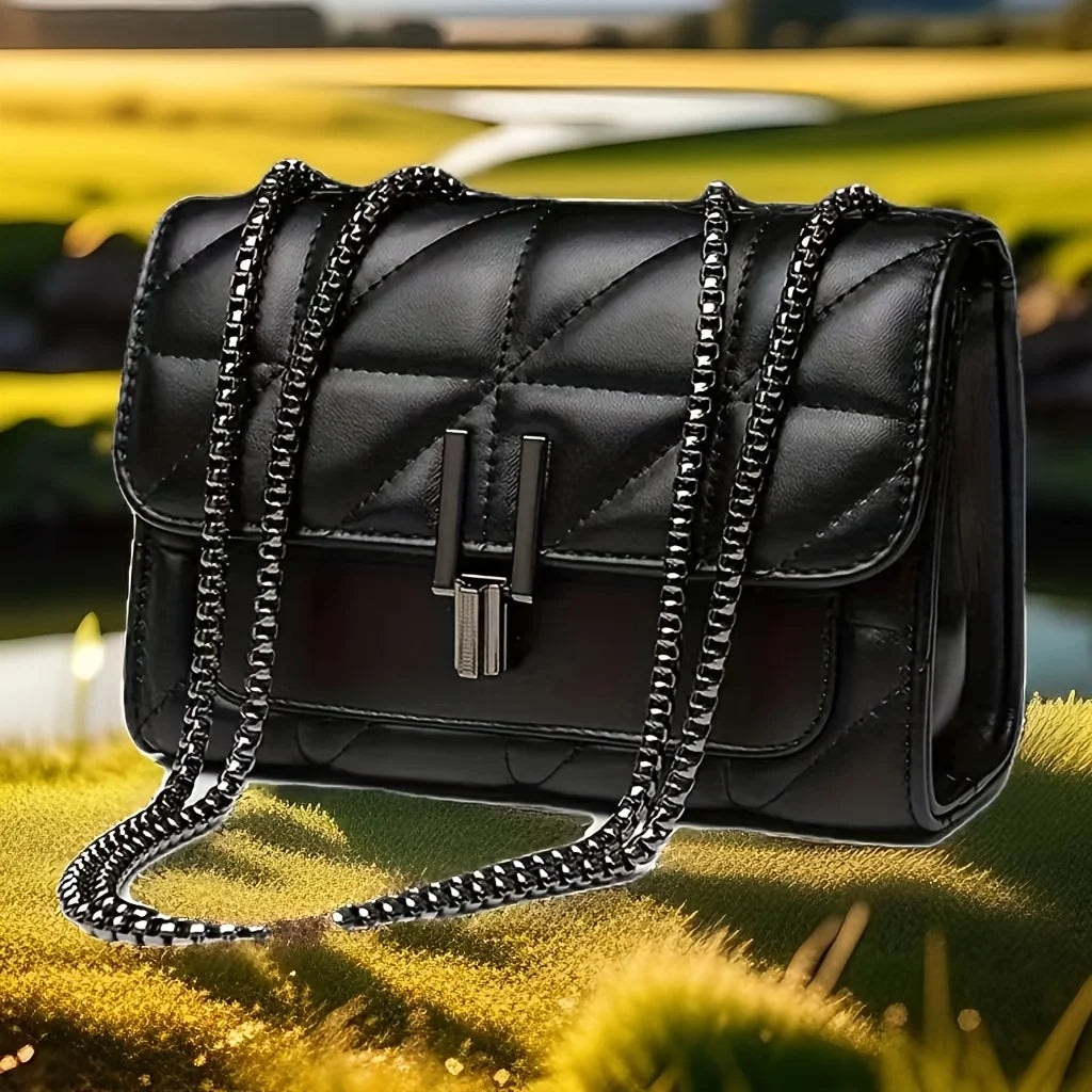 Elegant Black  Leather Shoulder Bag with Chain Strap - Light Luxury, Plaid Pattern with Turn-lock Closure