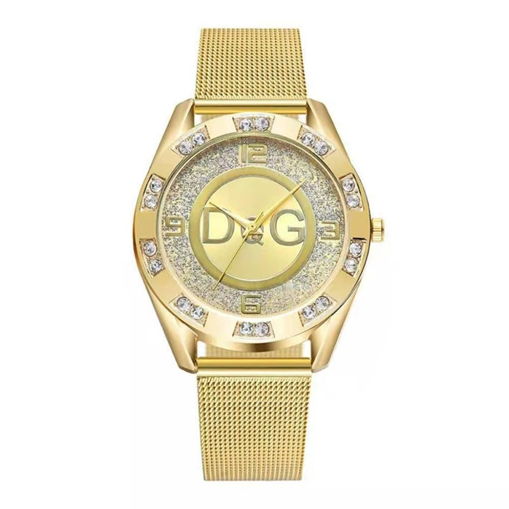 Women's watches With Diamonds. Simple Digital Design with Gold Mesh Strap