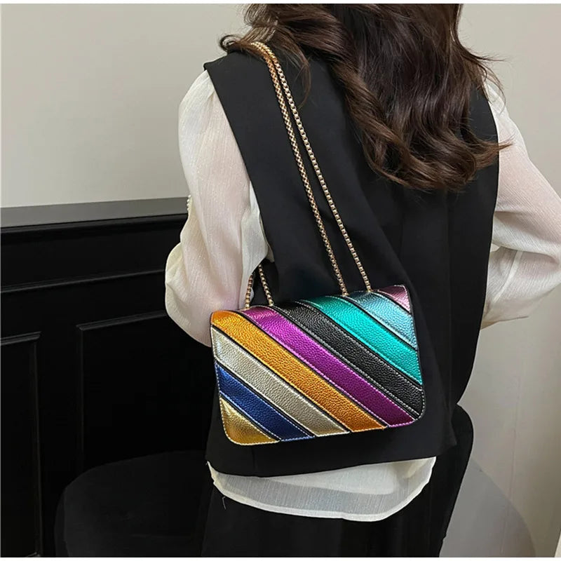 Rainbow Contrast Color Crossbody Shoulder Bag. Metal Chain Sling Bag