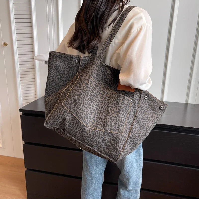 Leopard Pattern Tote Bag. Vintage Canvas Shoulder Bag.