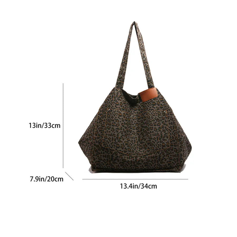 Leopard Pattern Tote Bag. Vintage Canvas Shoulder Bag.