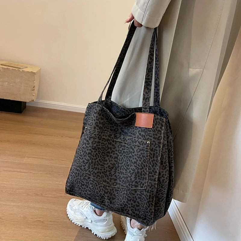 Leopard Pattern Tote Bag. Vintage Canvas Shoulder Bag.