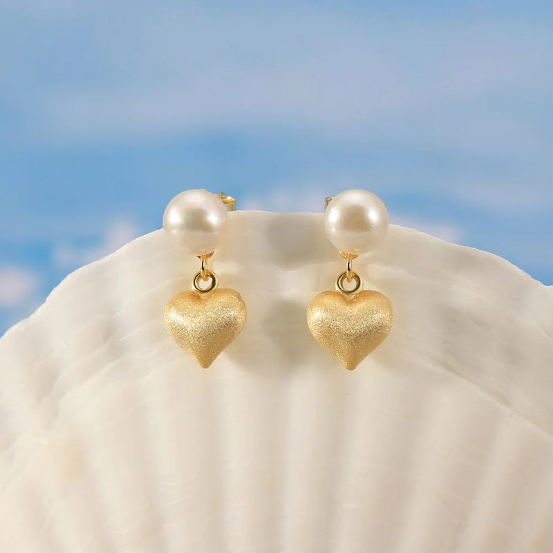 Charming Heart Dangle Earrings with Natural Pearl and 14K Gold Accents