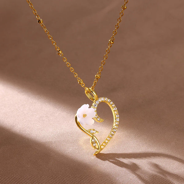 Gold Heart Necklace with Flower Zircon Pendant