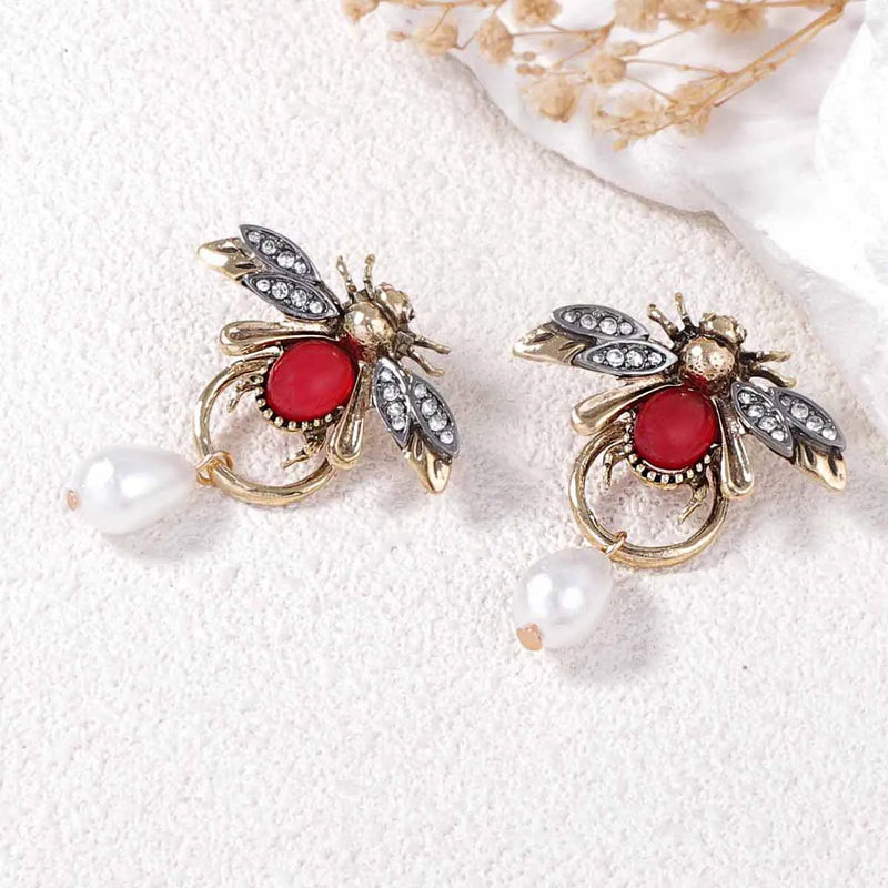 Vintage Bee Pearl Drop Earrings/Chain