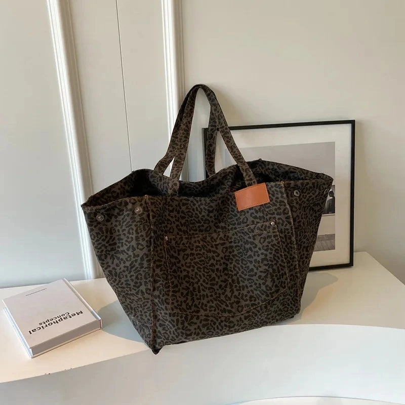 Leopard Pattern Tote Bag. Vintage Canvas Shoulder Bag.