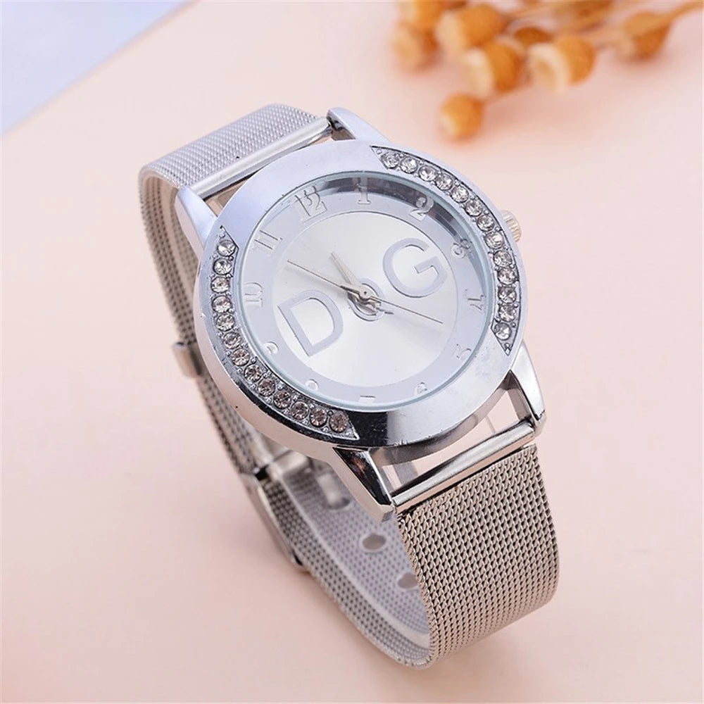 Women's watches With Diamonds. Simple Digital Design with Gold Mesh Strap