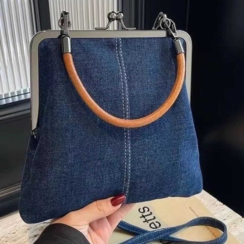 Vintage Style  Handbag Versatile Navy Blue.Fashionable Lady‘s Denim  Bag
