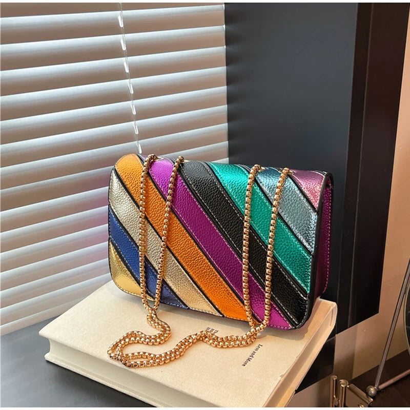Rainbow Contrast Color Crossbody Shoulder Bag. Metal Chain Sling Bag